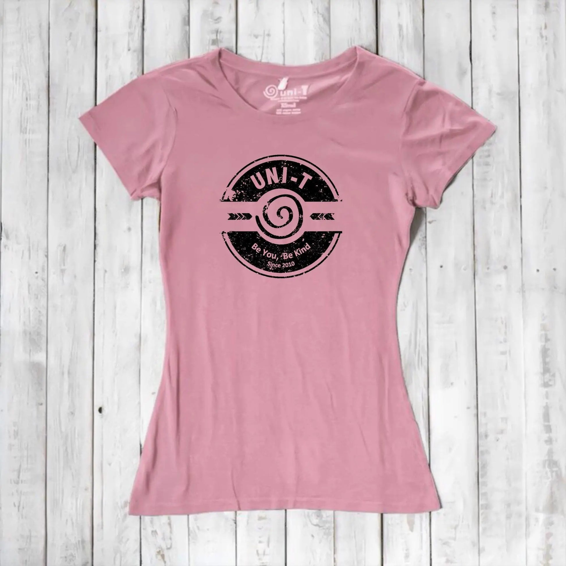 Pink inspirational women's T-shirt in bamboo & organic cotton with Uni-T's 'Be You Be Kind' graphic. A perfect self-love gift idea.