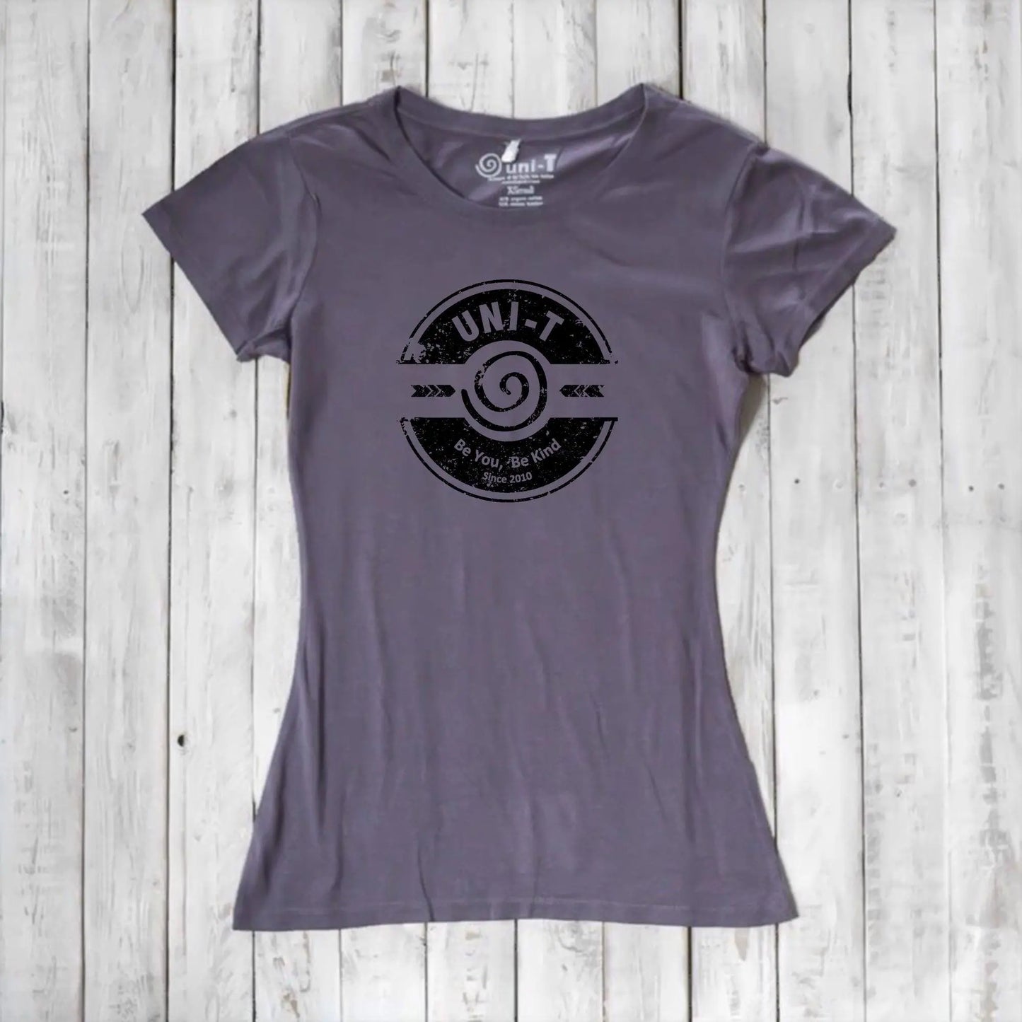 Plum purple bamboo & organic cotton kindness T-shirt for women featuring Uni-T's 'Be You Be Kind' design. Eco-friendly and empowering.