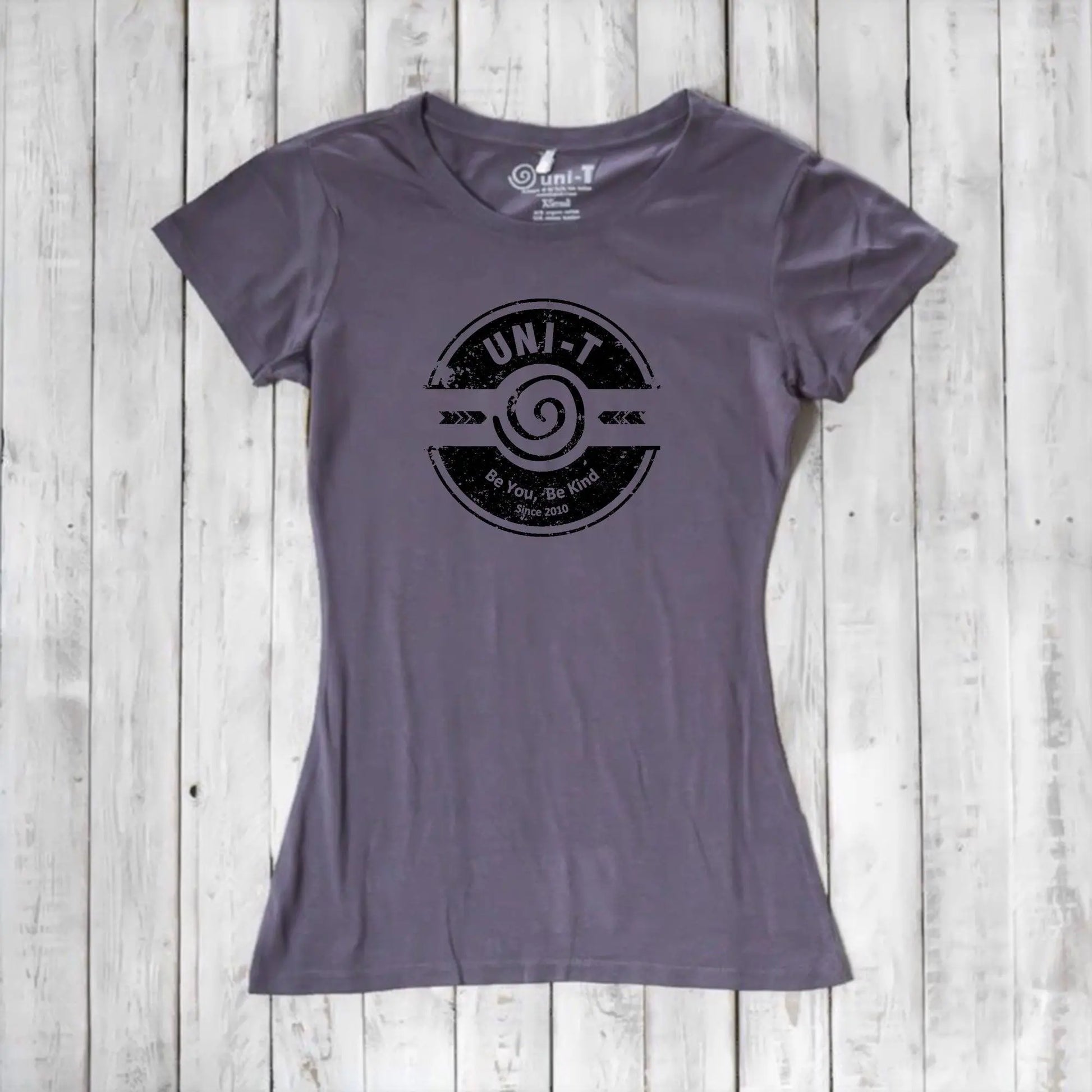 Plum purple bamboo & organic cotton kindness T-shirt for women featuring Uni-T's 'Be You Be Kind' design. Eco-friendly and empowering.