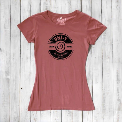 Rust red women's bamboo & organic cotton tee with Uni-T's 'Be You Be Kind' graphic. A sustainable and stylish inspirational gift.