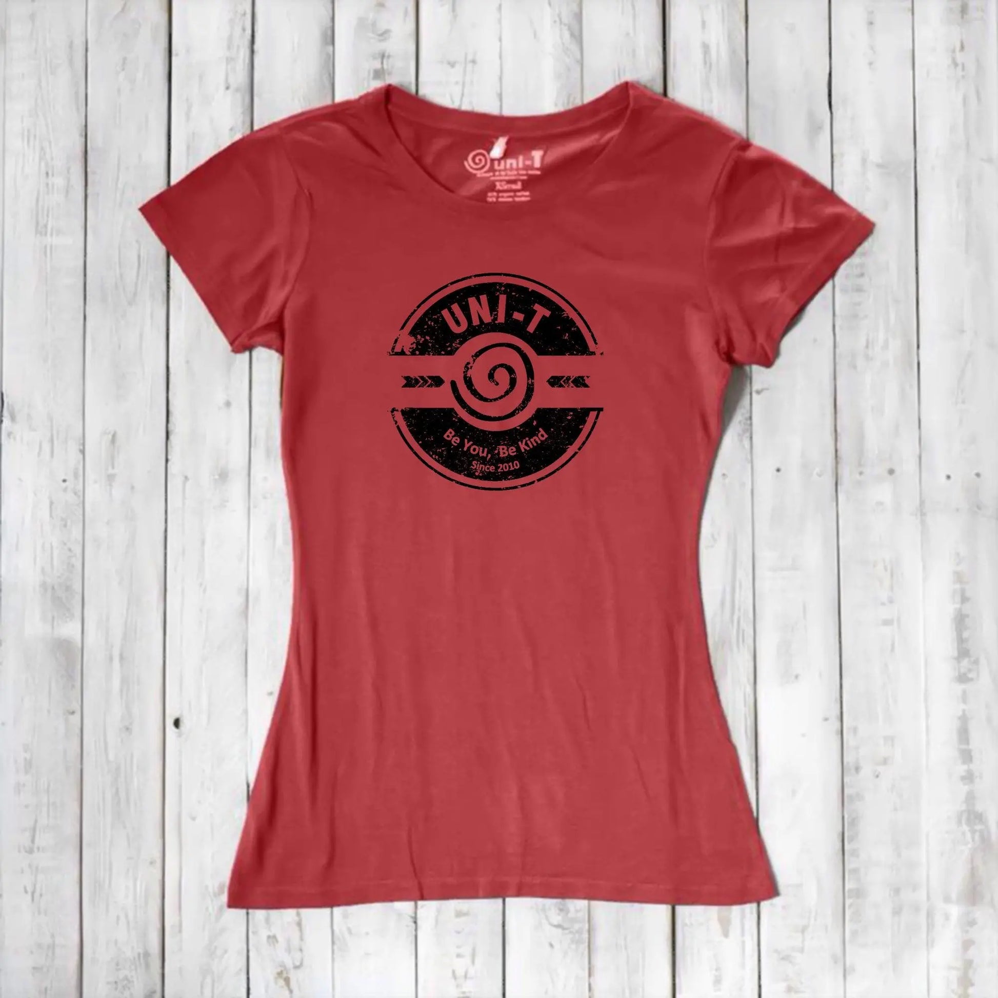 Coral red bamboo & organic cotton women's T-shirt with 'Be You Be Kind' graphic by Uni-T. A breathable and meaningful fashion statement.