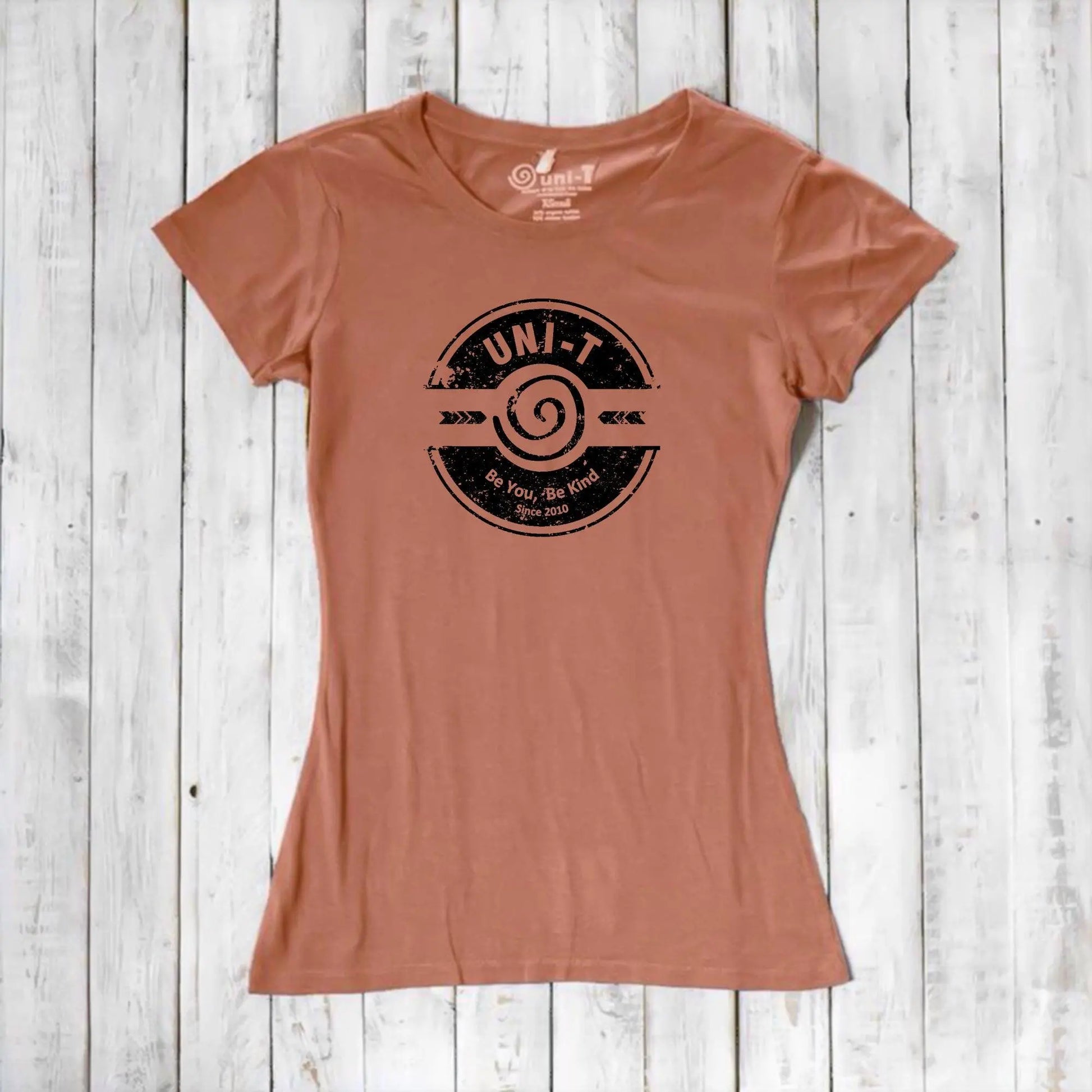 Terracotta bamboo & organic cotton women's kindness T-shirt with Uni-T's 'Be You Be Kind' message. A soft, eco-conscious gift of compassion.