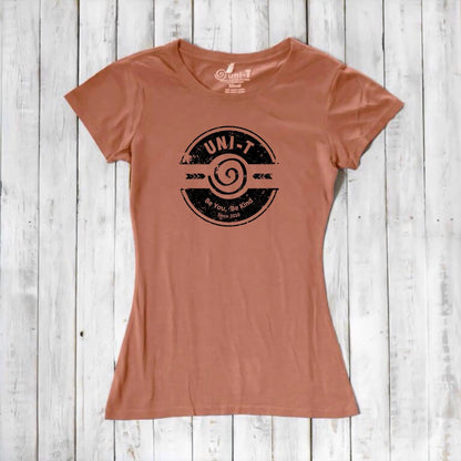 Terracotta bamboo & organic cotton women's kindness T-shirt with Uni-T's 'Be You Be Kind' message. A soft, eco-conscious gift of compassion.