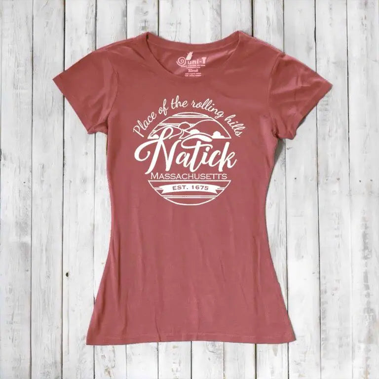 Women's Natick T-Shirt in bamboo and organic cotton in terracotta color with 'Place of the Rolling Hills' Massachusetts hometown graphic. Eco-friendly local gift tee.