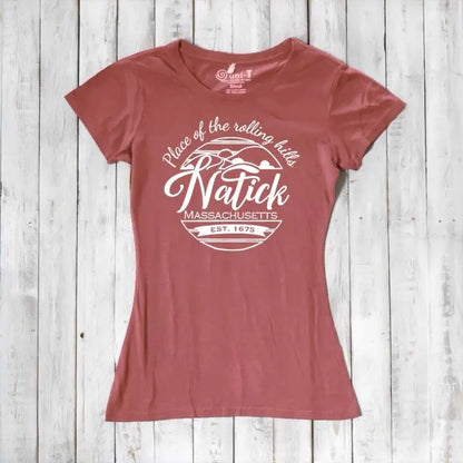 Women's Natick T-Shirt in bamboo and organic cotton in terracotta color with 'Place of the Rolling Hills' Massachusetts hometown graphic. Eco-friendly local gift tee.