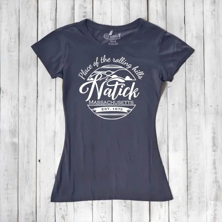 Navy blue bamboo and organic cotton Natick T-Shirt for women with Massachusetts 'Place of the Rolling Hills' graphic. Soft, eco-conscious local townie gift.