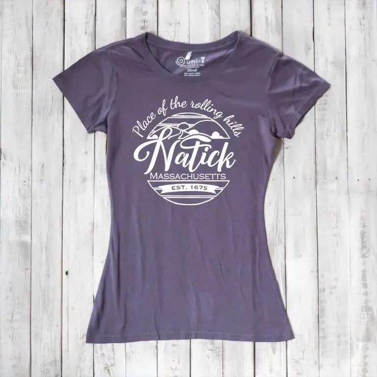 Purple women's Natick T-Shirt in bamboo and organic cotton blend with 'Place of the Rolling Hills' Massachusetts graphic. Eco-friendly local pride clothing.