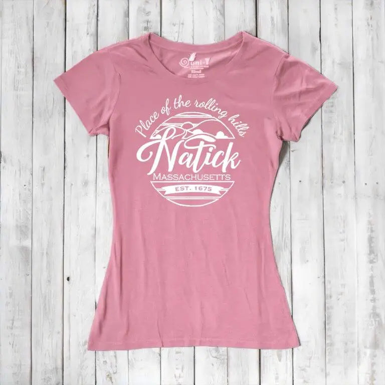 Pink bamboo and organic cotton Natick T-Shirt for women featuring 'Place of the Rolling Hills' Massachusetts design. Soft, sustainable hometown gift tee.