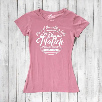 Pink bamboo and organic cotton Natick T-Shirt for women featuring 'Place of the Rolling Hills' Massachusetts design. Soft, sustainable hometown gift tee.