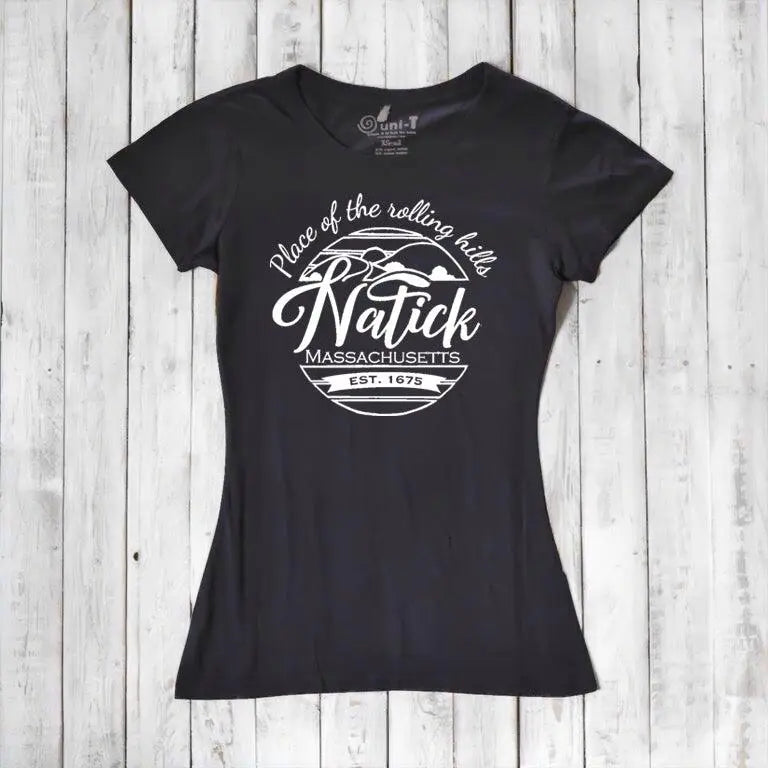 Black women's Natick T-Shirt crafted from bamboo and organic cotton with 'Place of the Rolling Hills' Massachusetts print. Eco-conscious local townie apparel.