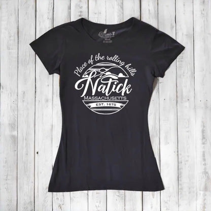 Black women's Natick T-Shirt crafted from bamboo and organic cotton with 'Place of the Rolling Hills' Massachusetts print. Eco-conscious local townie apparel.