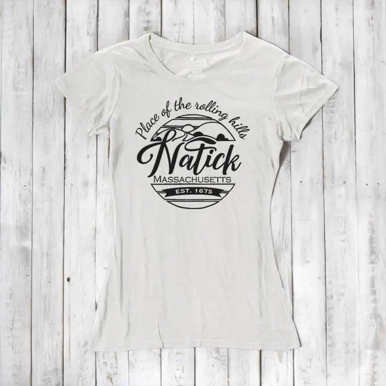 White women's Natick T-Shirt in bamboo and organic cotton with black 'Place of the Rolling Hills' Massachusetts graphic. Eco-friendly local pride clothing.