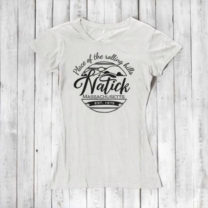 White women's Natick T-Shirt in bamboo and organic cotton with black 'Place of the Rolling Hills' Massachusetts graphic. Eco-friendly local pride clothing.