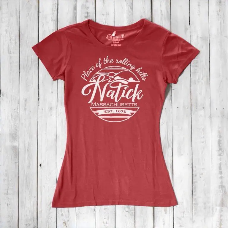 Red women's Natick T-Shirt in bamboo and organic cotton featuring 'Place of the Rolling Hills' Massachusetts design. Sustainable local pride gift tee.