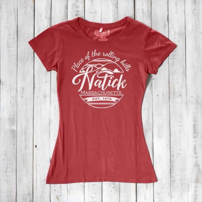 Red women's Natick T-Shirt in bamboo and organic cotton featuring 'Place of the Rolling Hills' Massachusetts design. Sustainable local pride gift tee.