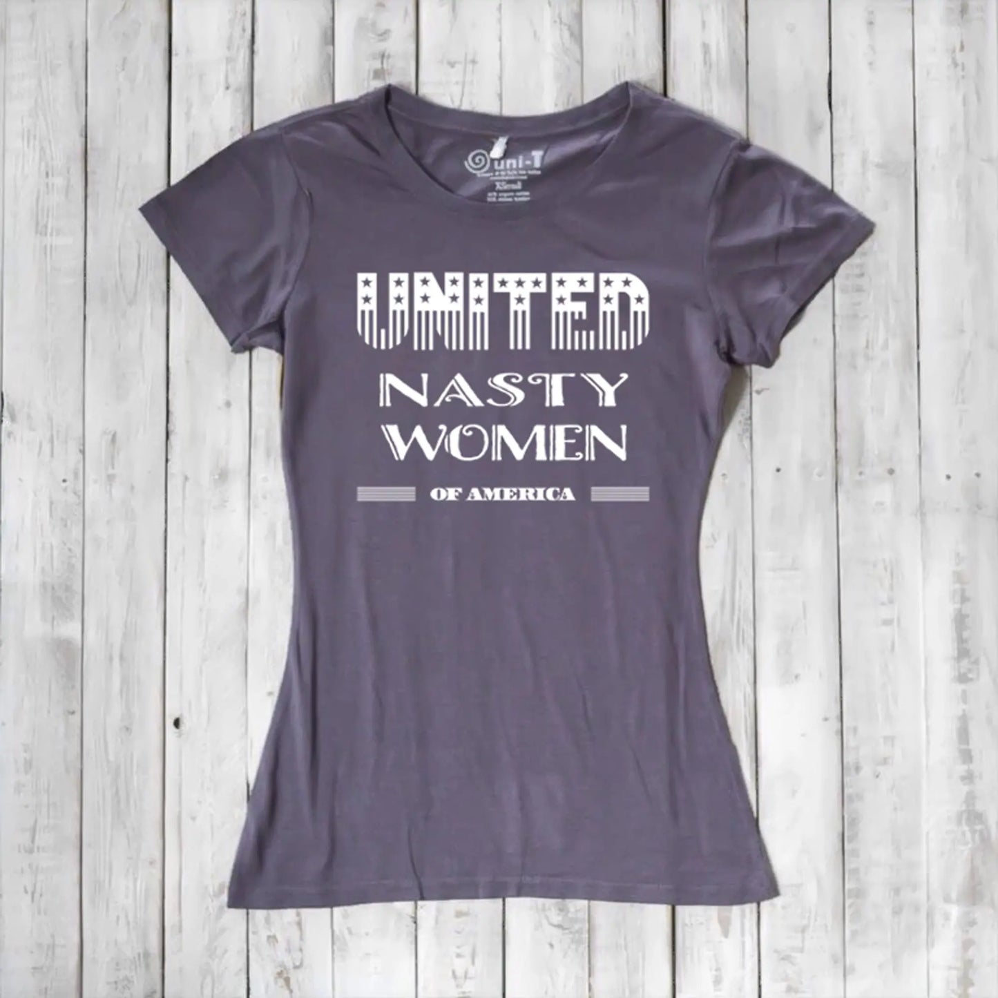 Charcoal purple women's graphic tee made from bamboo & organic cotton with 'United Nasty Women of America' print. Feminist gift idea by Uni-T.