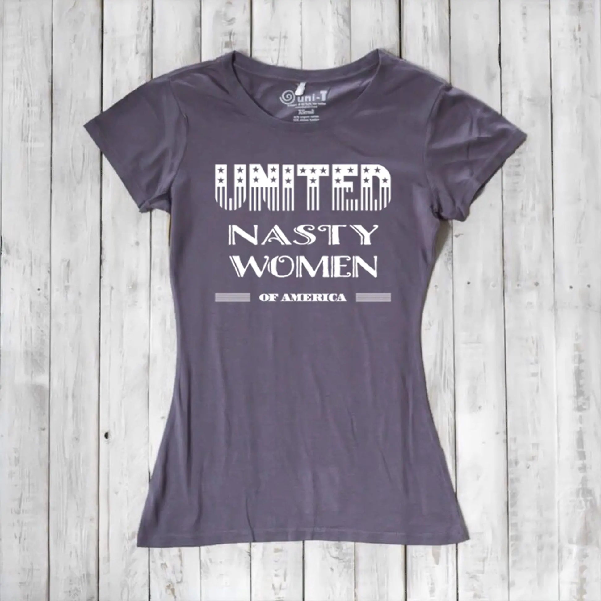 Charcoal purple women's graphic tee made from bamboo & organic cotton with 'United Nasty Women of America' print. Feminist gift idea by Uni-T.