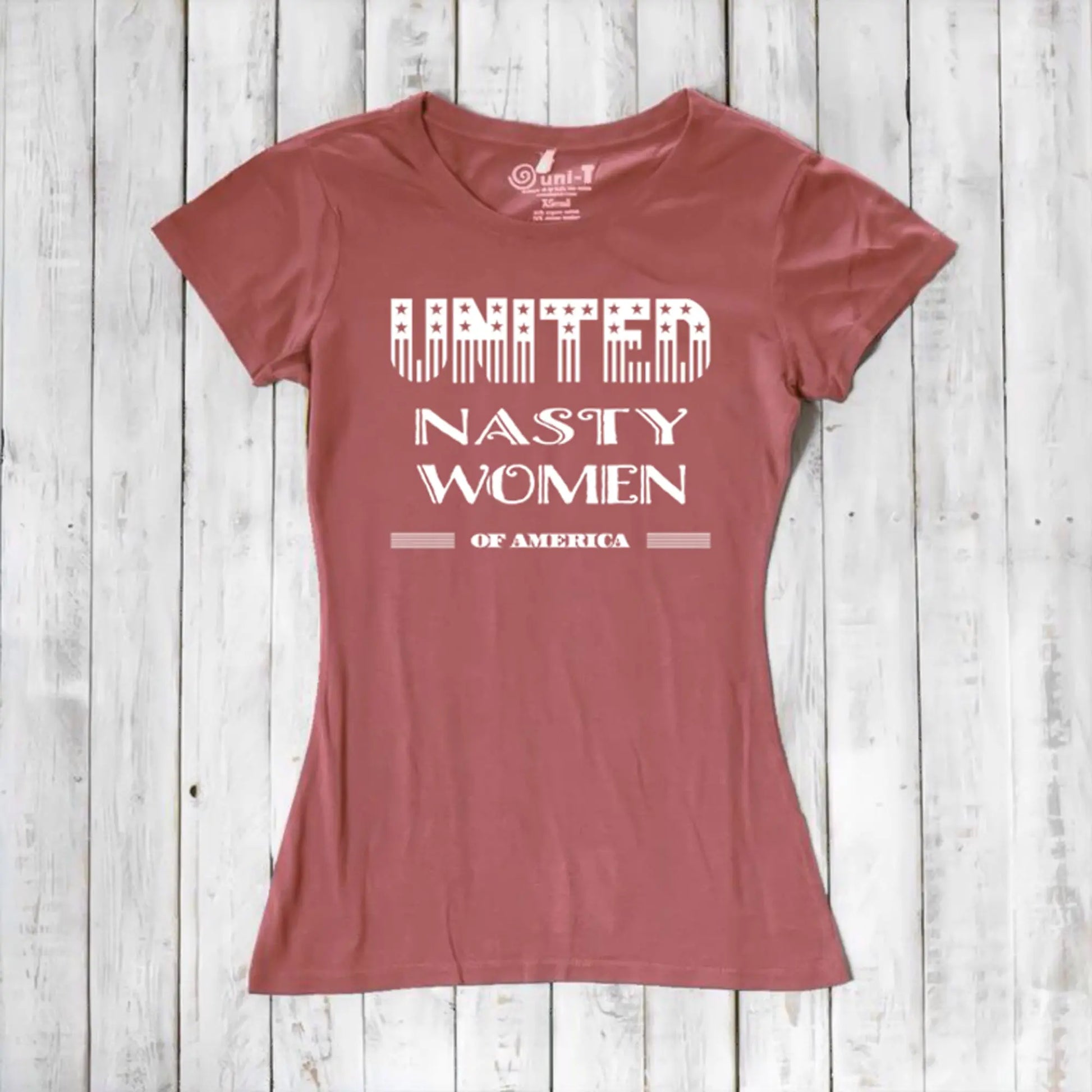Rust red bamboo & organic cotton women's T-shirt with 'United Nasty Women of America' design. Sustainable feminist apparel by Uni-T.