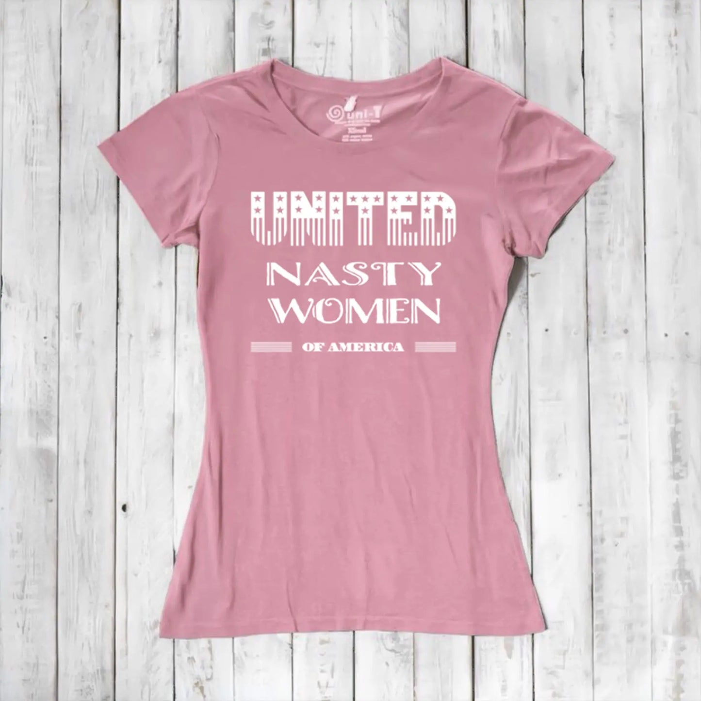 Light pink women's bamboo & organic cotton T-shirt with 'United Nasty Women of America' graphic. Empowering eco-conscious fashion by Uni-T.