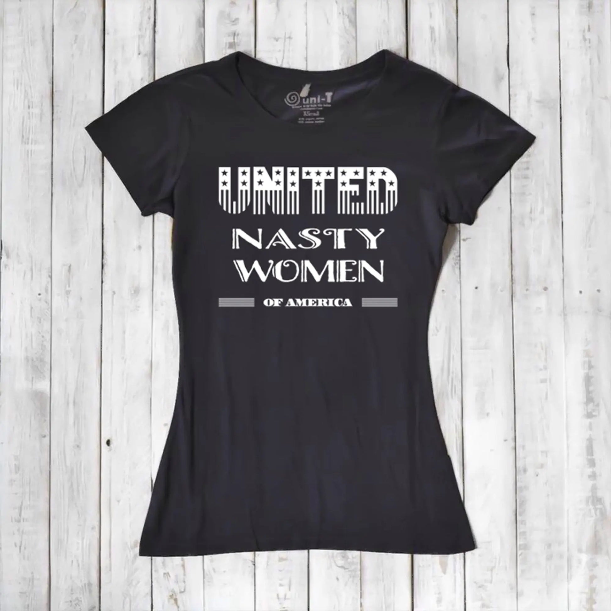 Black fitted women's T-shirt in bamboo & organic cotton with bold 'United Nasty Women of America' print. Feminist statement wear by Uni-T.