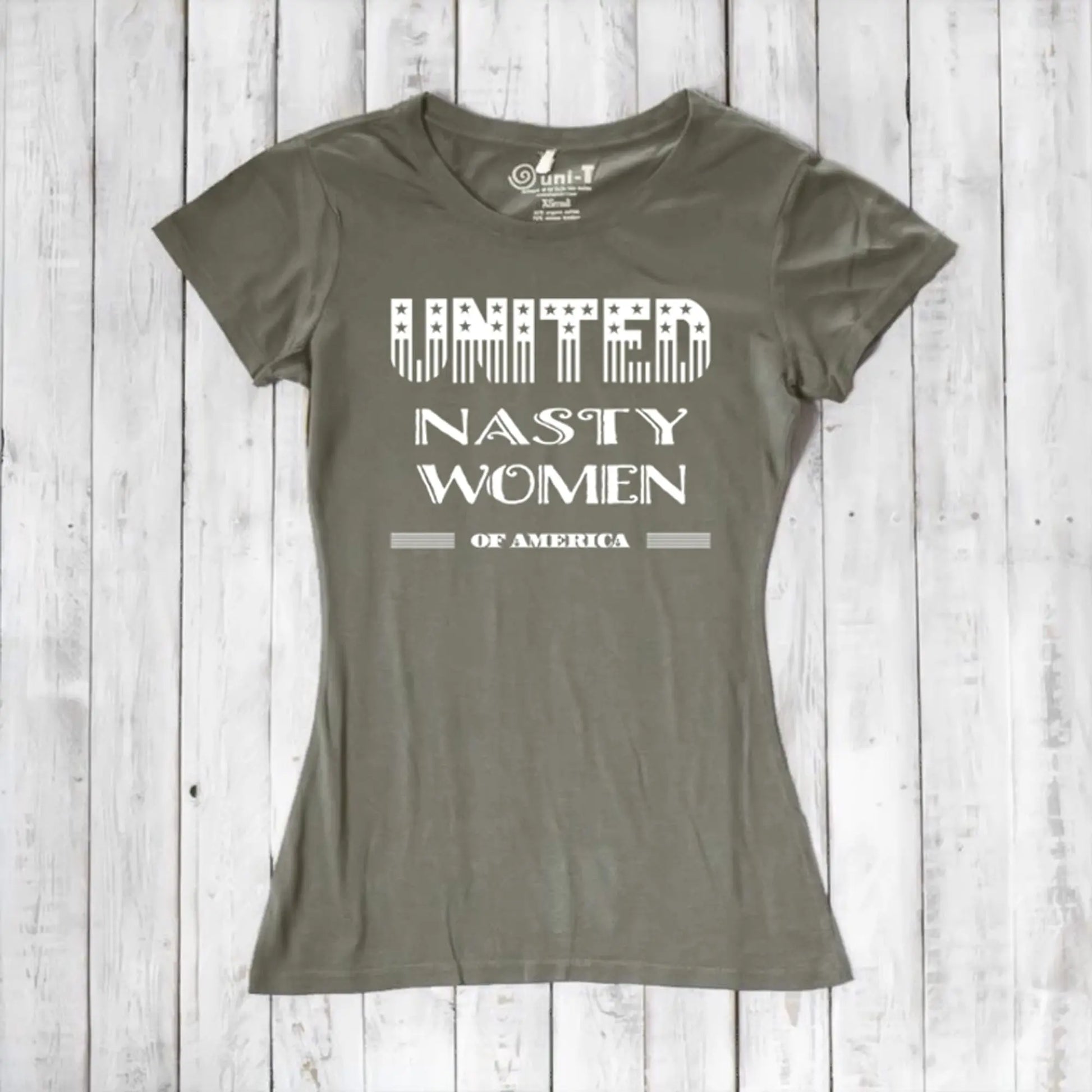 Olive green women's bamboo & organic cotton T-shirt with 'United Nasty Women of America' graphic. Sustainable feminist clothing by Uni-T.