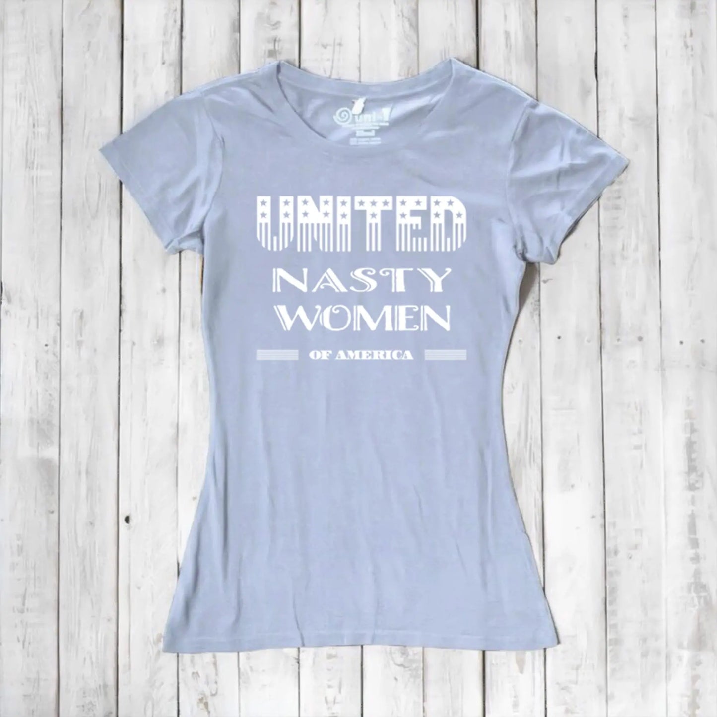Pale blue bamboo & organic cotton women's T-shirt with 'United Nasty Women of America' design. Eco-friendly activist tee by Uni-T.