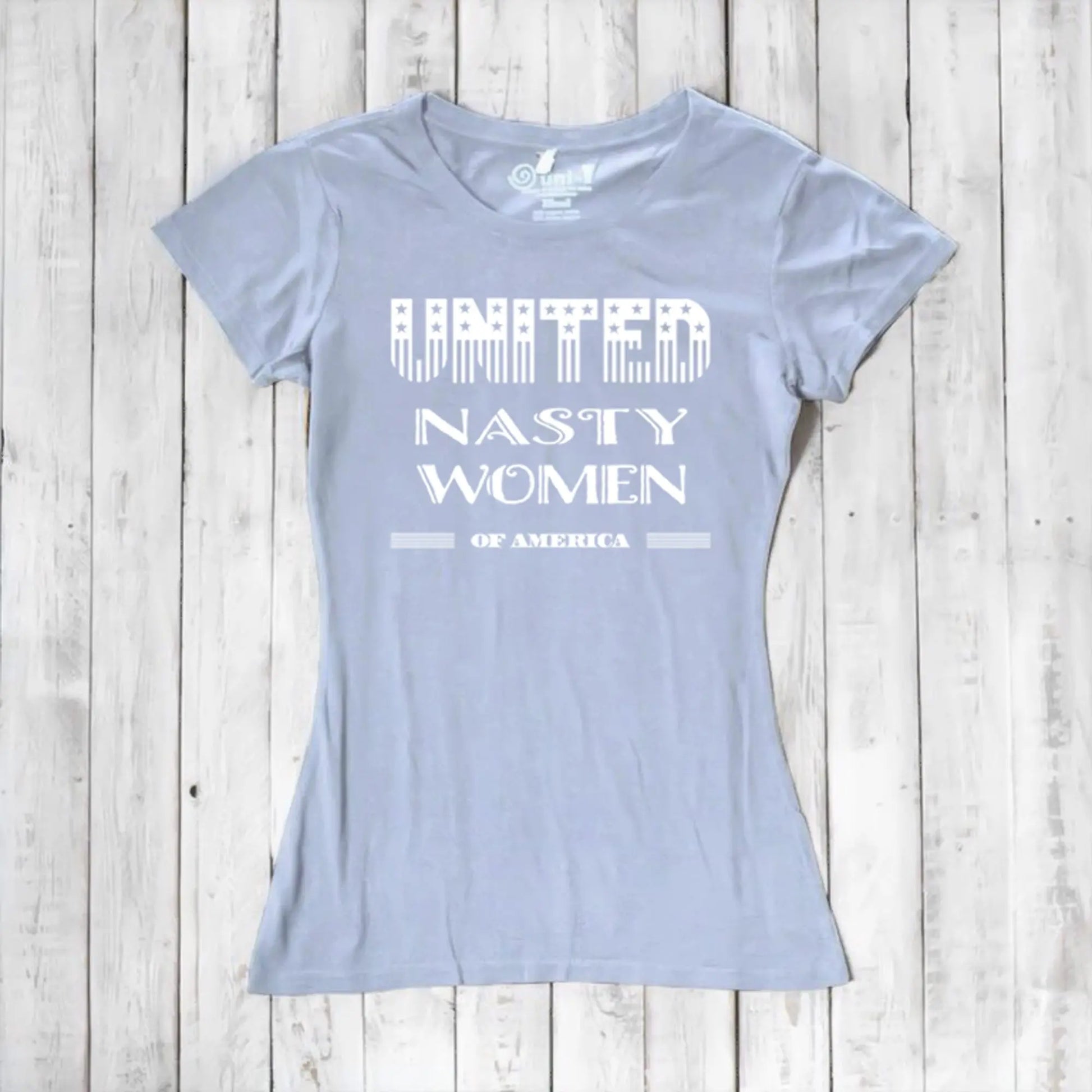 Pale blue bamboo & organic cotton women's T-shirt with 'United Nasty Women of America' design. Eco-friendly activist tee by Uni-T.
