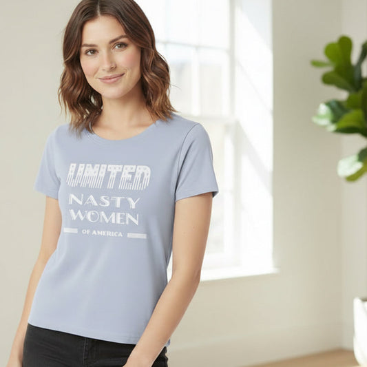 Pale blue bamboo & organic cotton women's T-shirt with 'United Nasty Women of America' design. Eco-friendly activist tee by Uni-T.