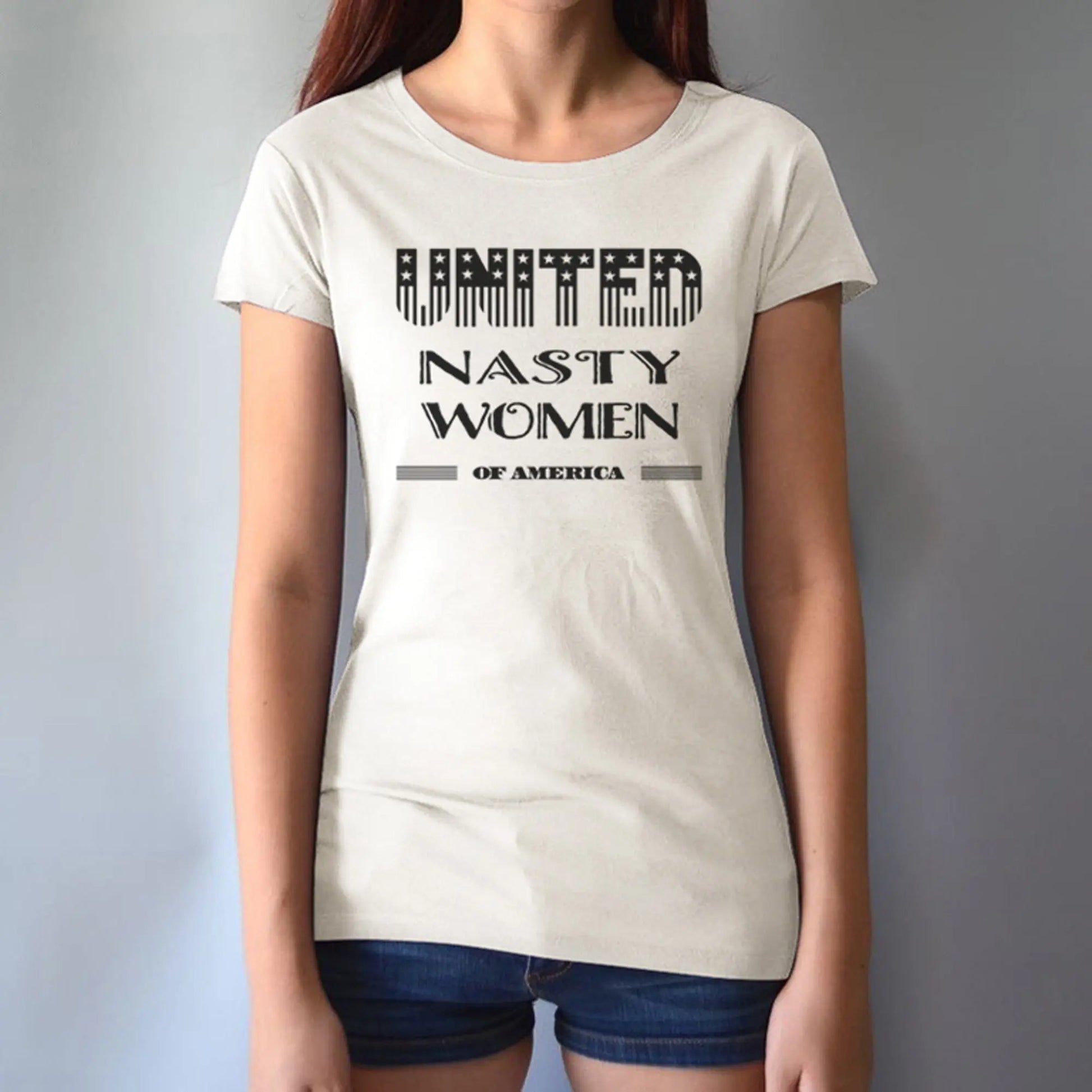Model wearing cream bamboo & organic cotton T-shirt with 'United Nasty Women of America' print. Feminist statement tee by Uni-T.