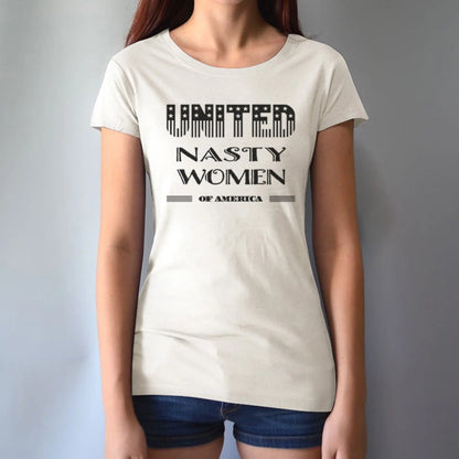 Model wearing cream bamboo & organic cotton T-shirt with 'United Nasty Women of America' print. Feminist statement tee by Uni-T.