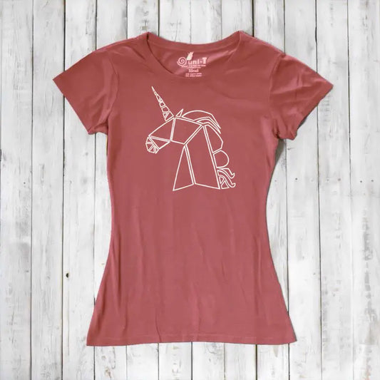 Women’s Unicorn T-Shirt in bamboo and organic cotton in terracotta red, featuring a white geometric unicorn graphic. Eco-friendly fantasy tee for her.