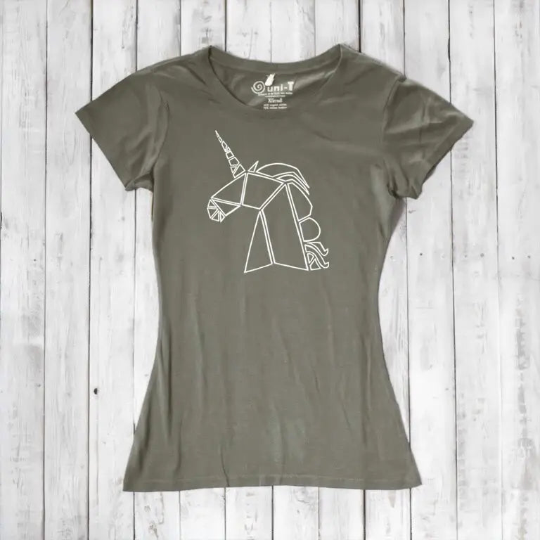 Olive green Women’s Unicorn T-Shirt made from bamboo and organic cotton with a white geometric unicorn design. Sustainable mythical creature top.