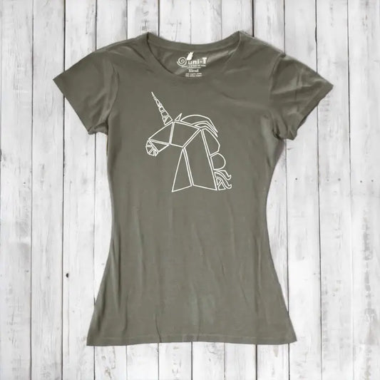Olive green Women’s Unicorn T-Shirt made from bamboo and organic cotton with a white geometric unicorn design. Sustainable mythical creature top.