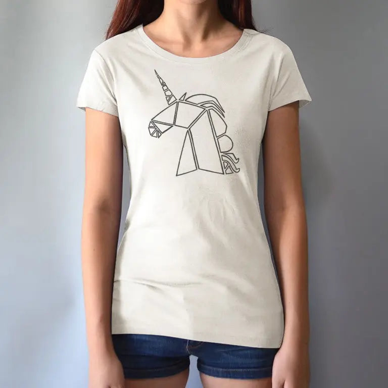 Model wearing cream Women’s Unicorn T-Shirt in bamboo and organic cotton with black geometric unicorn print. Unique eco-friendly gift for fantasy lovers.