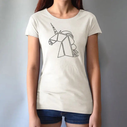 Model wearing cream Women’s Unicorn T-Shirt in bamboo and organic cotton with black geometric unicorn print. Unique eco-friendly gift for fantasy lovers.