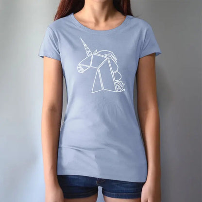 Model in light blue bamboo and organic cotton Women’s Unicorn T-Shirt with white geometric unicorn artwork. Sustainable and stylish fantasy-themed tee.