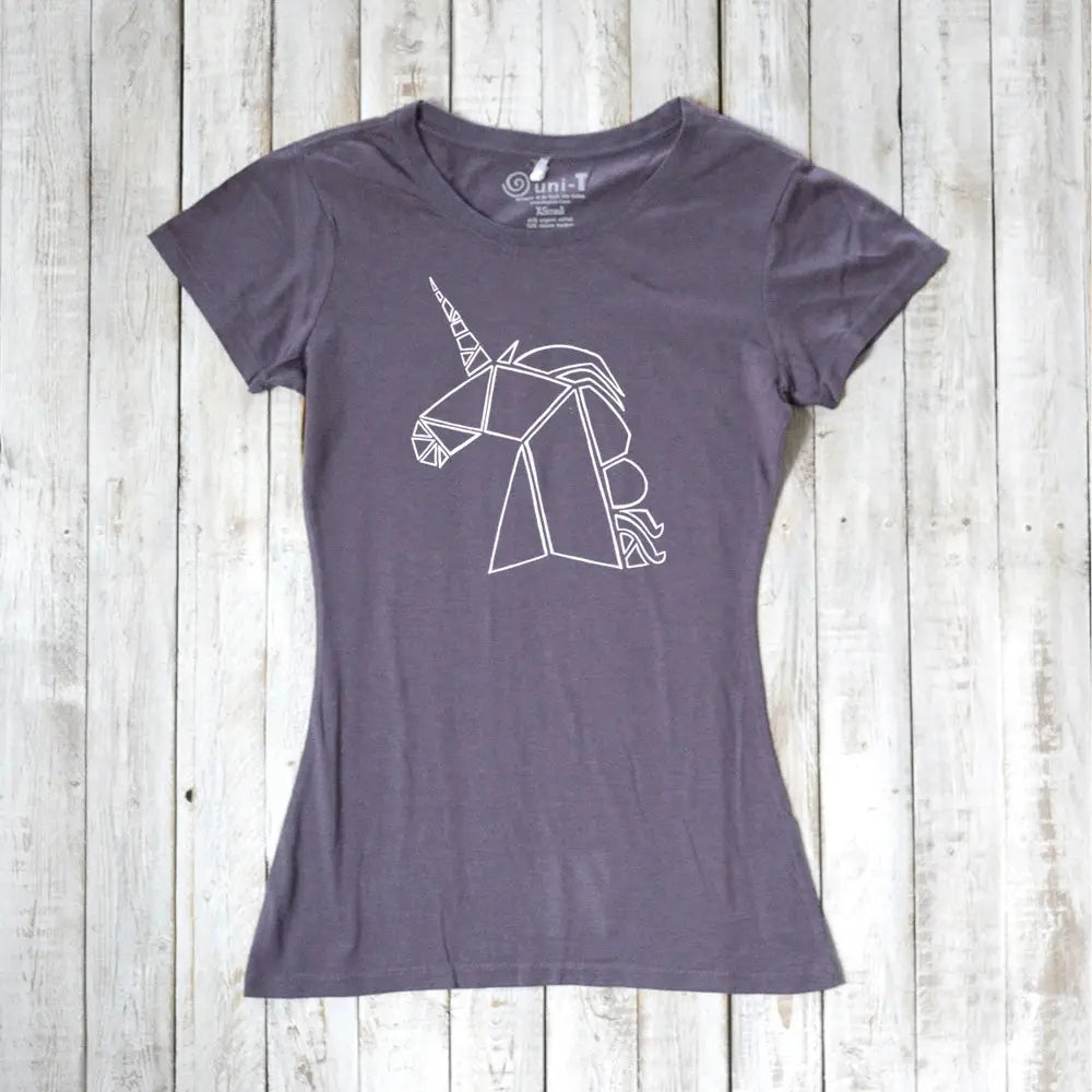 Charcoal purple Women’s Unicorn T-Shirt crafted from bamboo and organic cotton, featuring a white geometric unicorn. Eco-conscious gift for her.
