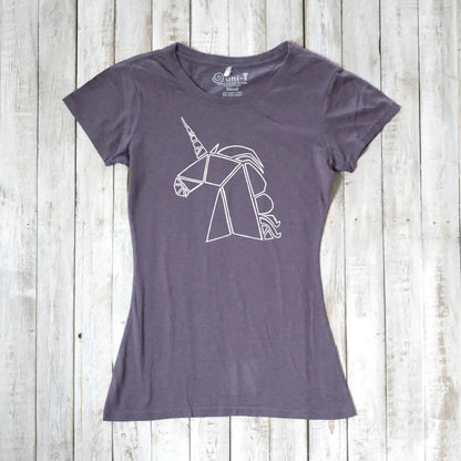 Charcoal purple Women’s Unicorn T-Shirt crafted from bamboo and organic cotton, featuring a white geometric unicorn. Eco-conscious gift for her.