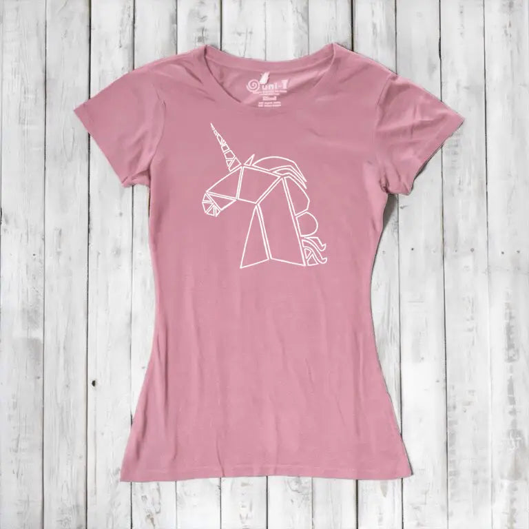 Pink bamboo and organic cotton Women’s Unicorn T-Shirt with white geometric unicorn print. Soft, sustainable fantasy top for unicorn lovers.