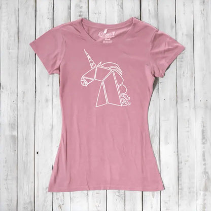 Pink bamboo and organic cotton Women’s Unicorn T-Shirt with white geometric unicorn print. Soft, sustainable fantasy top for unicorn lovers.