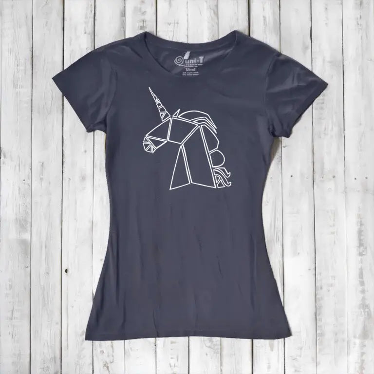Slate blue Women’s Unicorn T-Shirt in bamboo and organic cotton with a white geometric unicorn design. Unique eco-friendly apparel for fantasy fans.