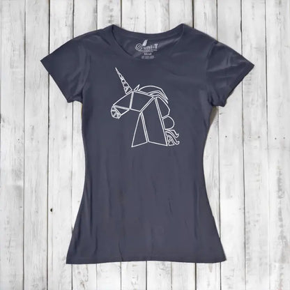 Slate blue Women’s Unicorn T-Shirt in bamboo and organic cotton with a white geometric unicorn design. Unique eco-friendly apparel for fantasy fans.