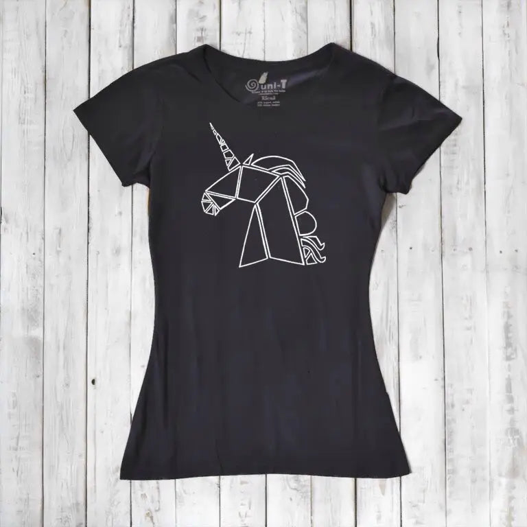 Black Women’s Unicorn T-Shirt made from bamboo and organic cotton, showcasing a white geometric unicorn. Sustainable and magical gift idea.