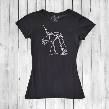 Black Women’s Unicorn T-Shirt made from bamboo and organic cotton, showcasing a white geometric unicorn. Sustainable and magical gift idea.