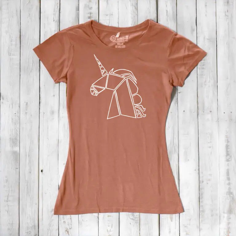 Rust orange Women’s Unicorn T-Shirt in bamboo and organic cotton featuring a white geometric unicorn. Sustainable and whimsical top for her.