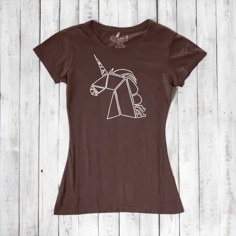 Chocolate brown Women’s Unicorn T-Shirt crafted from bamboo and organic cotton with a white geometric unicorn print. Eco-conscious fantasy apparel.