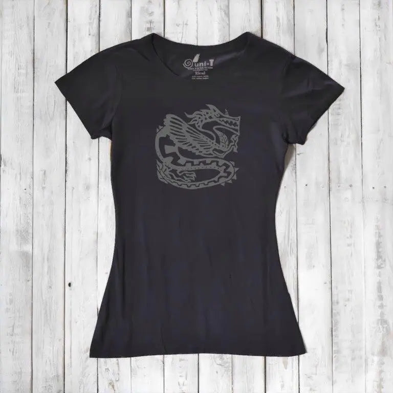 Women's Dragon T-Shirt in black bamboo & organic cotton with dark fantasy dragon graphic, eco-friendly gift for mythology fans.