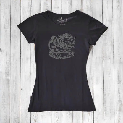 Women's Dragon T-Shirt in black bamboo & organic cotton with dark fantasy dragon graphic, eco-friendly gift for mythology fans.