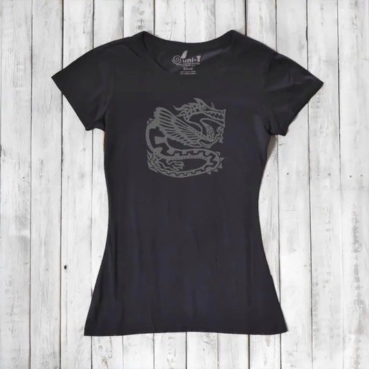 Women's Dragon T-Shirt in black bamboo & organic cotton with dark fantasy dragon graphic, eco-friendly gift for mythology fans.
