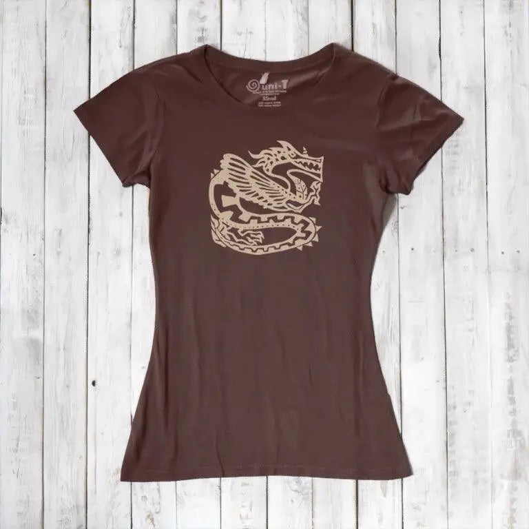 Dark brown women's bamboo & organic cotton dragon T-shirt featuring a bold fantasy graphic, ideal for modern mythology lovers.